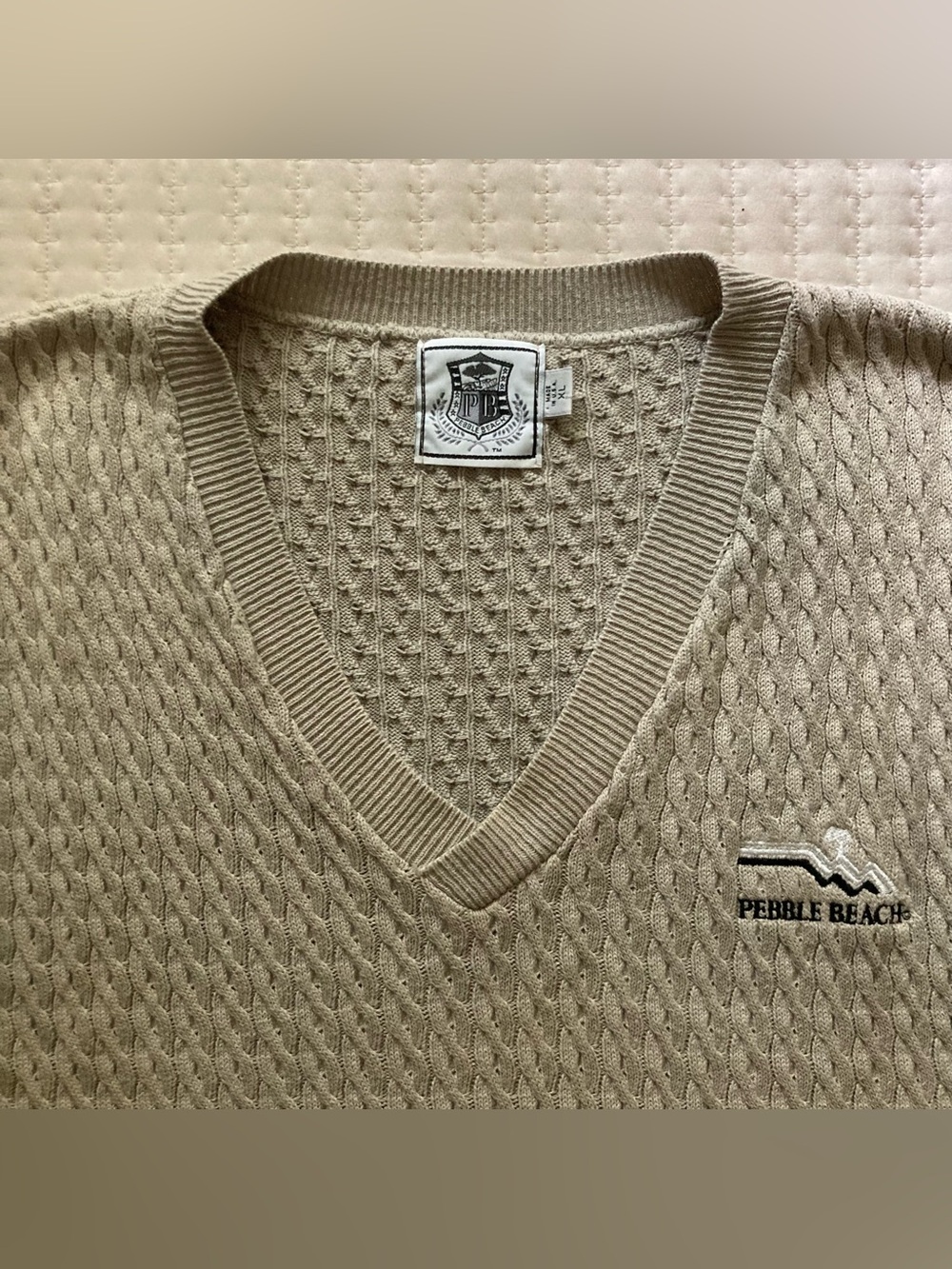 Vintage Pebble Beach Cable Knit Beige Golf Vest Men’s XL 100% Cotton USA Made